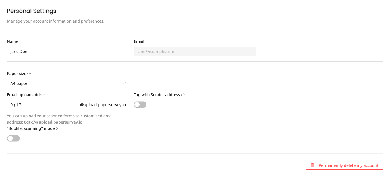 Personal settings with email upload address