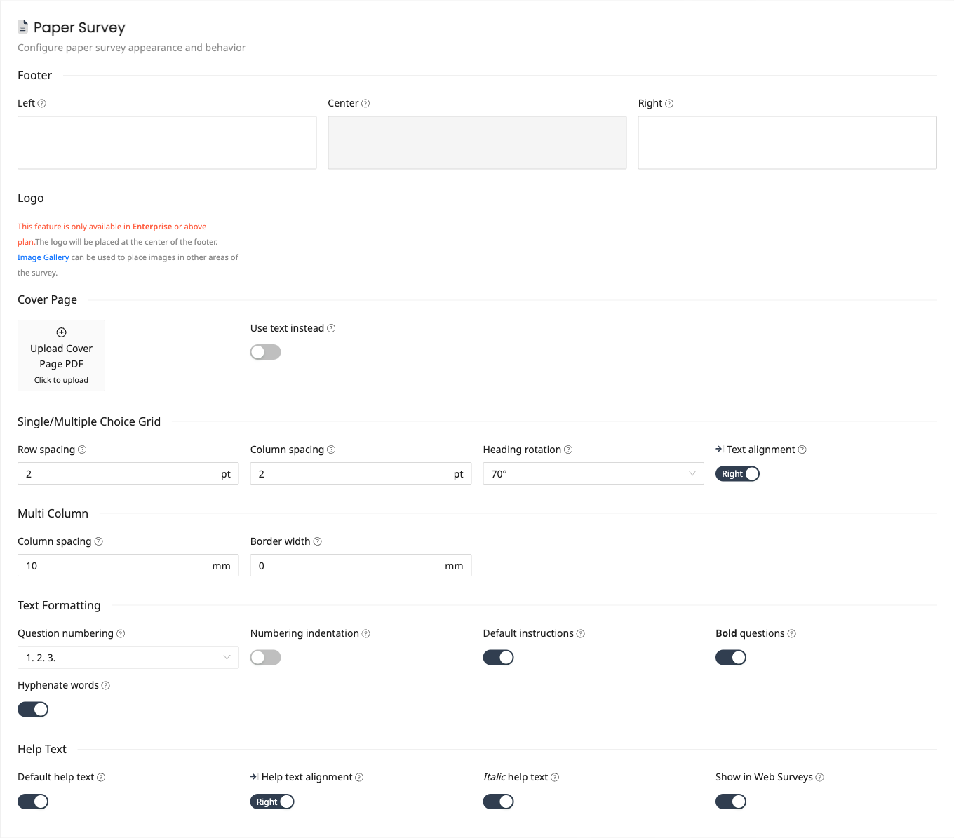 Paper Survey settings with footer fields