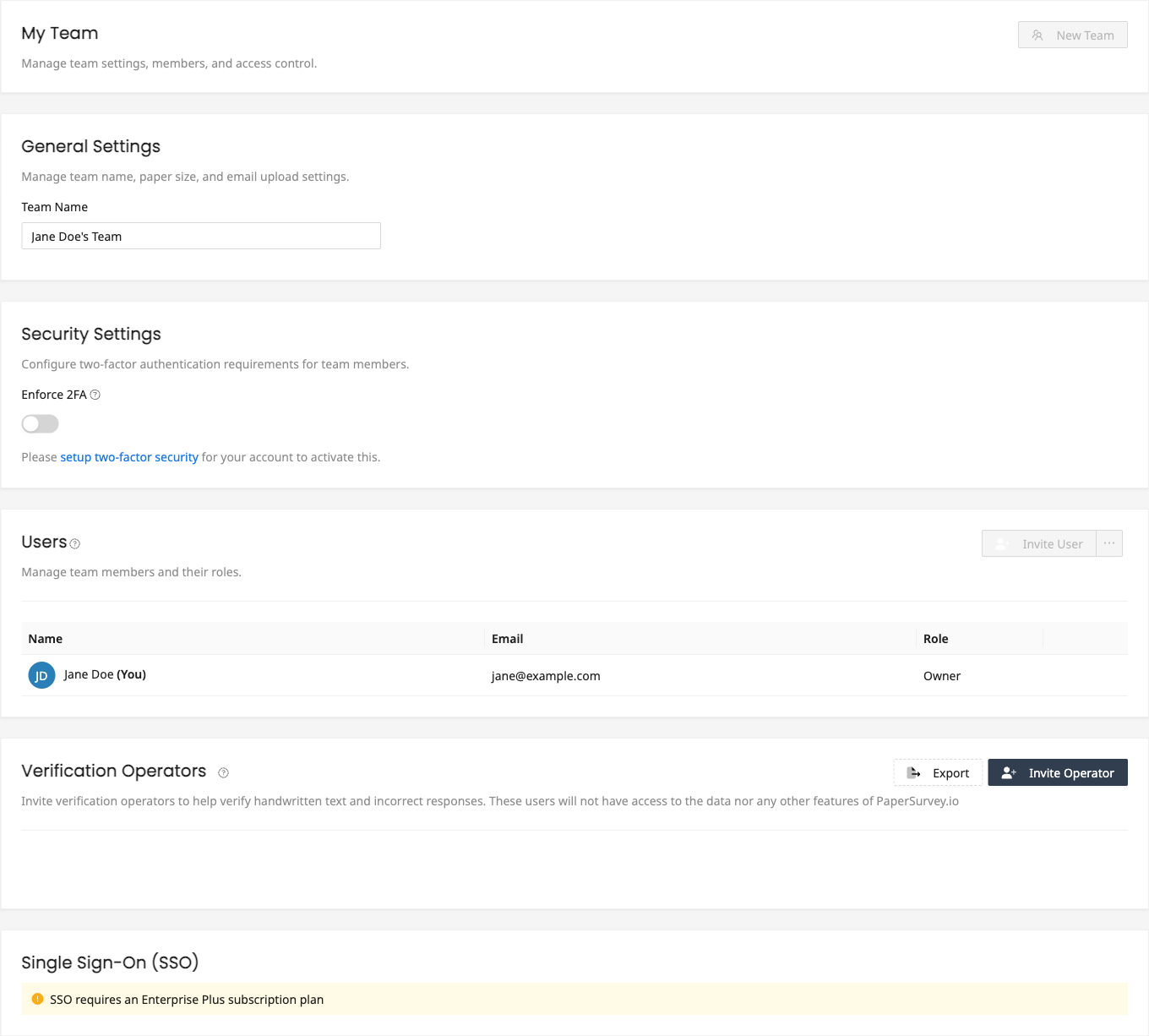 SSO section in team settings